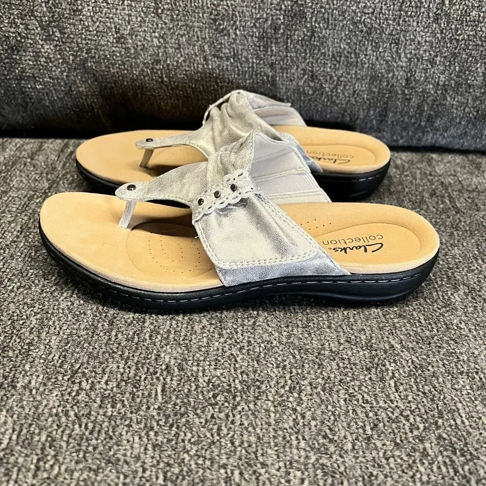 Clarks Sandal Womens 7.5 Metallic Leather Thong Flip Flop Adjustable Strap